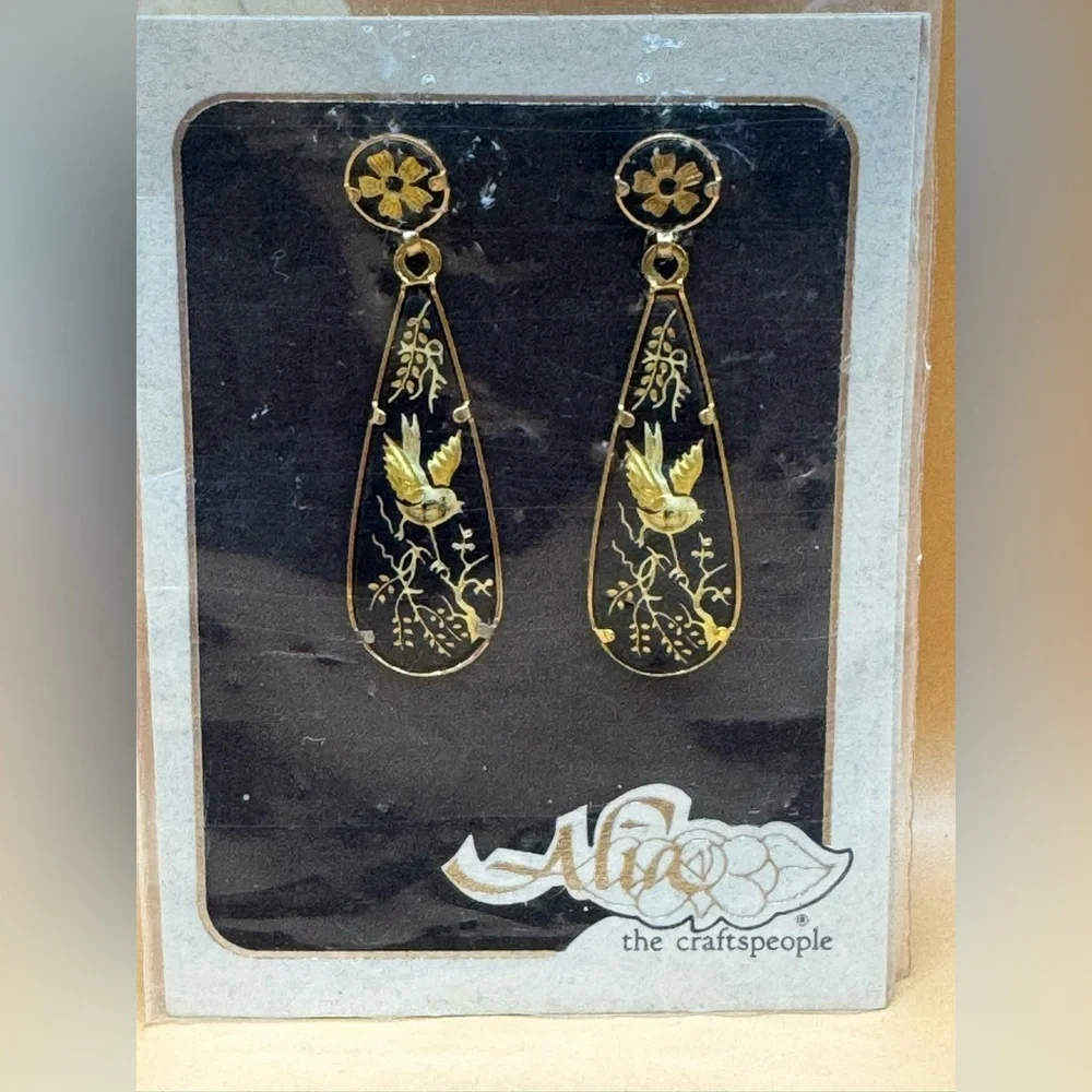 Alia Black and Gold Floral Bird Earrings - Picture 8 of 8